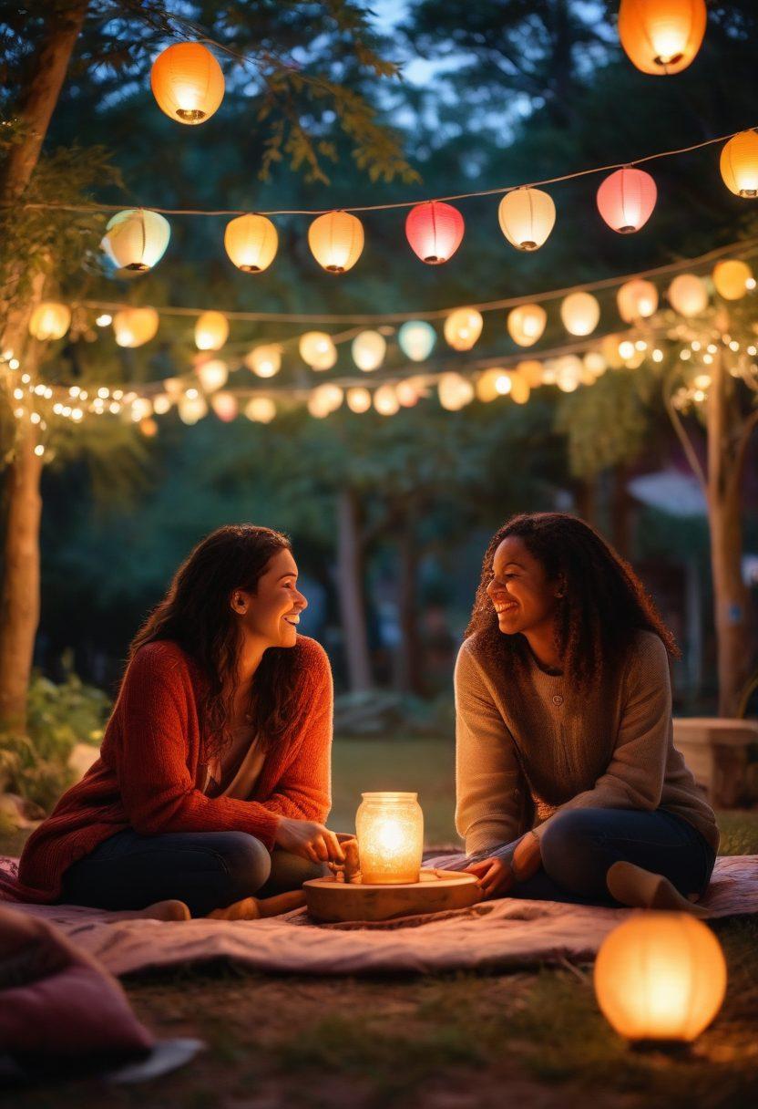 A vibrant gathering of diverse individuals laughing and connecting in a cozy outdoor setting, surrounded by colorful lanterns and nature. Include symbols of love like intertwined hearts and open circles depicting inclusivity. Showcase various forms of connection, such as hugs, conversations, and shared activities, to represent non-monogamous relationships. Emphasize warmth and joy in the atmosphere, with soft evening lighting. digital painting. warm colors. outdoor setting.