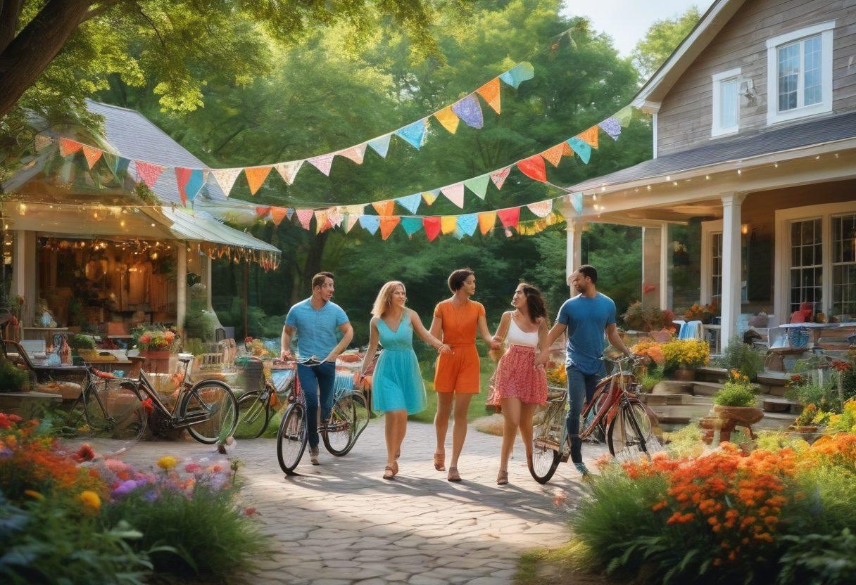 A vibrant and lively scene depicting a diverse group of couples engaged in playful outdoor activities, such as dancing, biking, and having a picnic, surrounded by colorful decorations and nature. The atmosphere radiates joy and openness, with couples of various backgrounds and orientations mingling together, showcasing connection and fun. Bright and cheerful colors enhance the festive vibe, evoking a sense of adventure and togetherness. super-realistic. vibrant colors. outdoor setting.