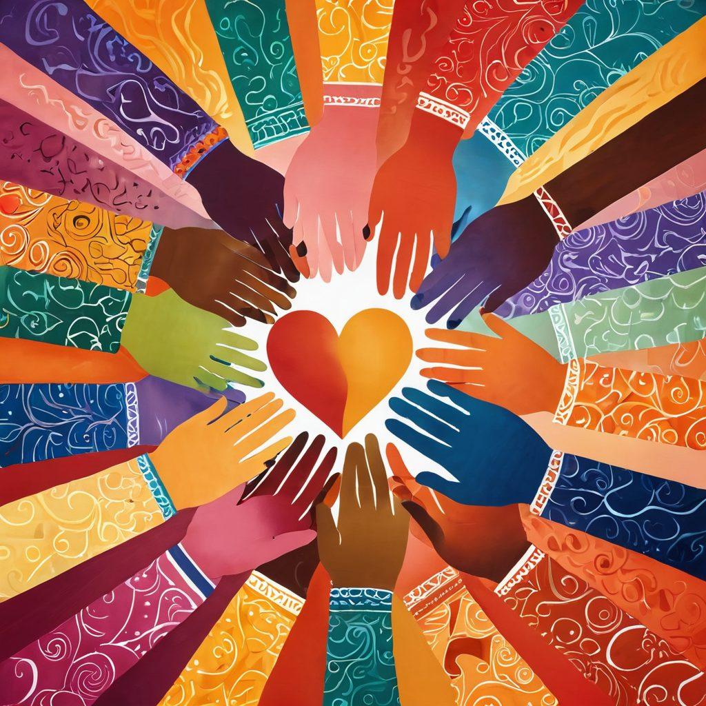 A warm, welcoming scene depicting a diverse group of individuals engaged in deep conversation, symbolizing connection and understanding. Include elements like intertwined hands and heart symbols to represent bonds. The background should be soft with abstract patterns signifying openness and inclusivity. Use vibrant colors to convey positivity and warmth. super-realistic. vibrant colors. warm background.
